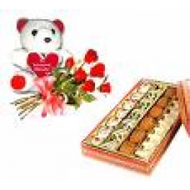 Assorted Sweets With Red Roses And Teddy